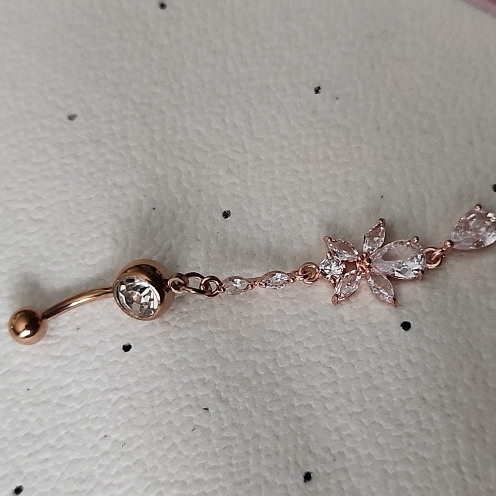 14 G SURGICAL STEEL DANGLE   BELLY BUTTON Simulated Diamond ROSE GOLD